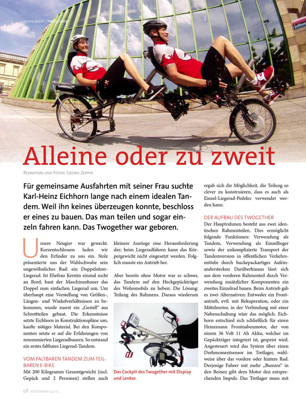 Liegerad Tandem TWOgether im Magazin "Elektrorad" 05/2015 S.58