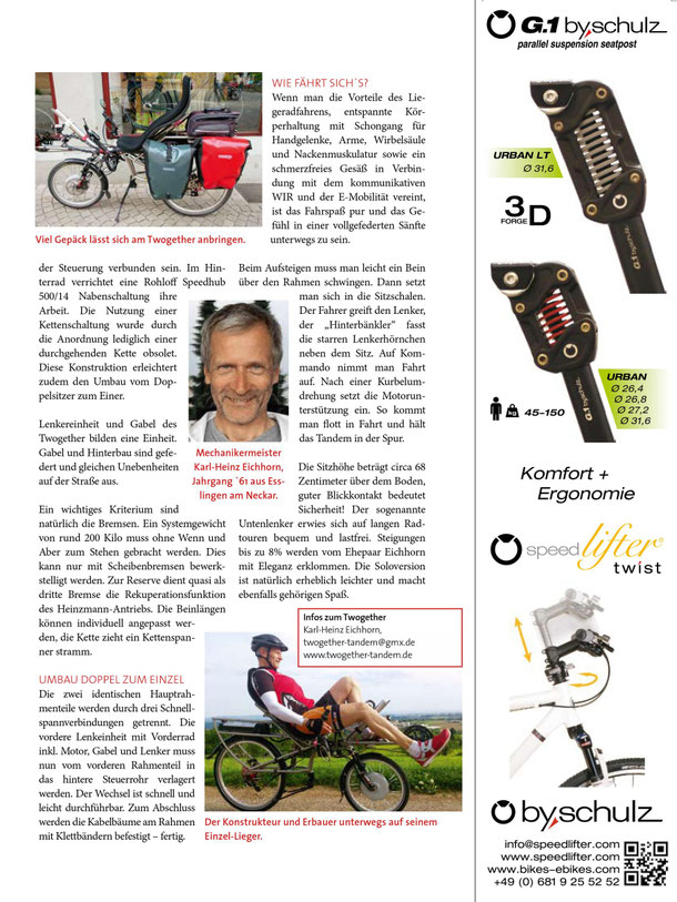Liegerad Tandem TWOgether im Magazin "Elektrorad" 05/2015 S.59