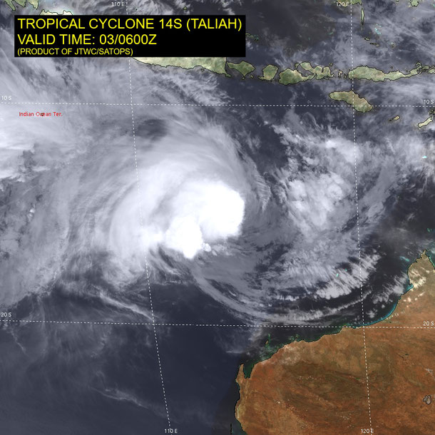 Satellite image of tropical cyclone Taliah in the Indian Ocean, February 3 2025. From JTWC.