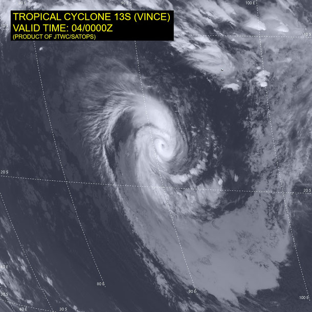 Satellite image of tropical cyclone Vince in the Indian Ocean, February 4 2025. From JTWC.