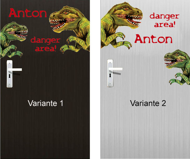 Türaufkleber mit T-Rex, Schriftzug danger area und Wunschname