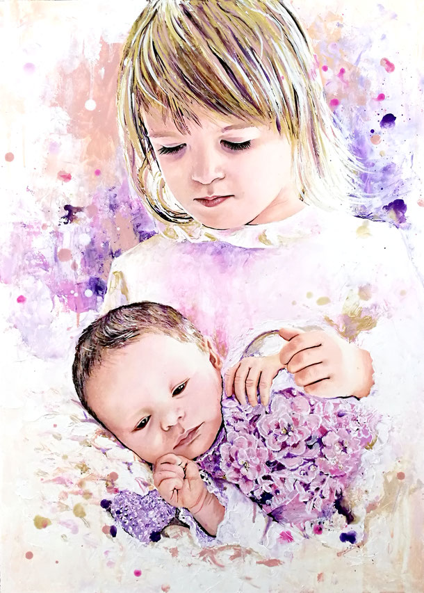 Kinderporträt Babyporträt auf Spezialpapier in rosa lila Tönen Mädchenporträt gemalt nach Foto 