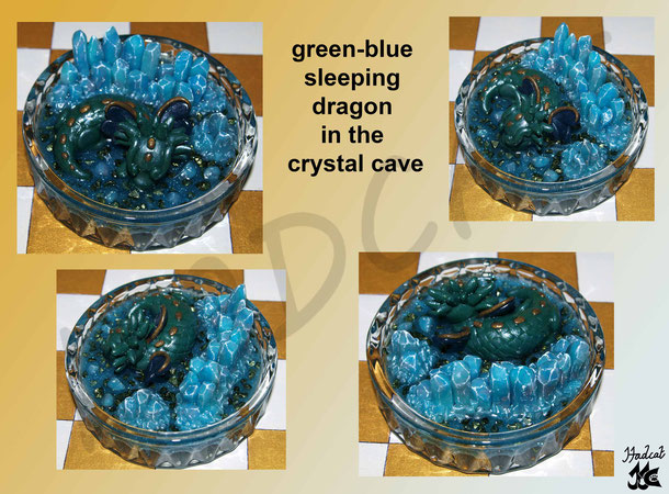 Hadcat polymer clay Fimo green-blue sleeping dragon in the crystal cave