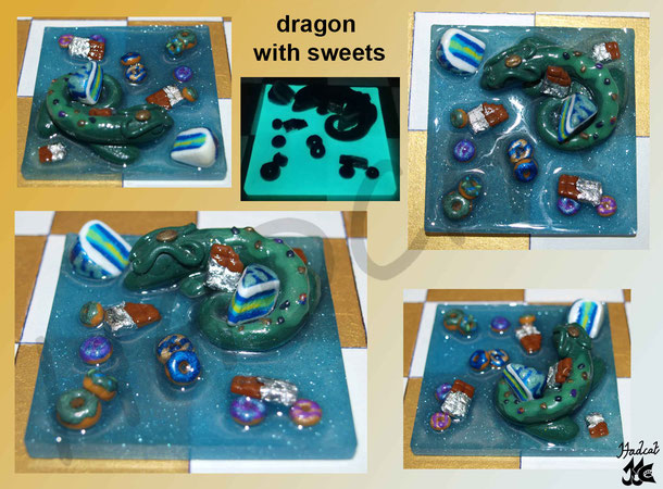 Hadcat polymer clay Fimo dragon with sweets