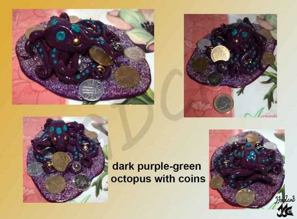 Hadcat polymer clay Fimo dark purple-green octopus with coins