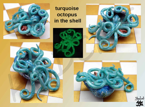 Hadcat polymer clay Fimo turquoise octopus in the shell
