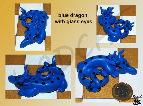 Hadcat polymer clay Fimo blue dragon with glass eyes