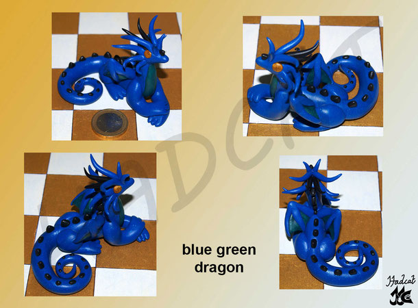 Hadcat polymer clay Fimo blue green dragon
