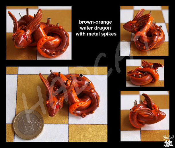 Hadcat polymer clay Fimo brown-orange water dragon with metal spikes