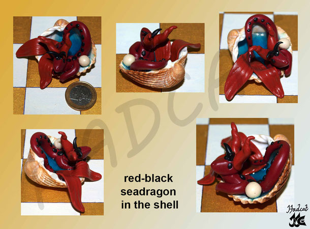 Hadcat polymer clay Fimo red-black seadragon in the shell