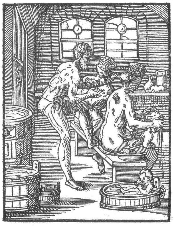 Szene in einem Badehaus: Bader behandelt Badegäste. Stich von Jost Amman, 1568