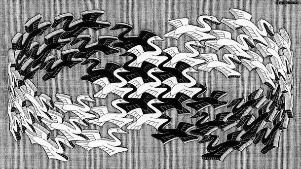 Unendlichkeit, Vögel schwarz weiß, M. C. Escher