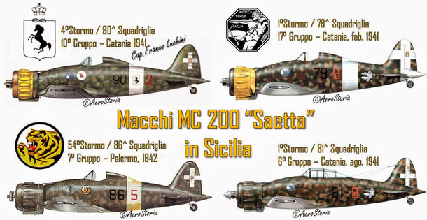 Alcuni esemplari di "Saette" che operarono in Sicilia. Il primo da sinistra è l'aereo del grande asso Franco Luchini.