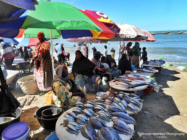 One of the colourful fish markets at the beach in Gambia