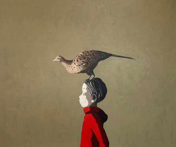 boy and pheasant - Acryl auf Leinwand, 100x120cm, 2021