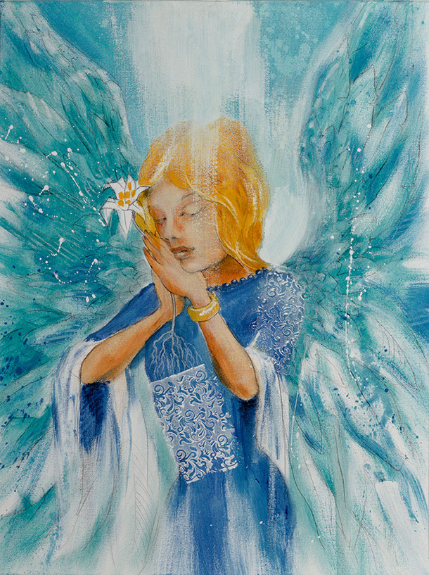 Wandbild Engelbild Engel der Liebe / Familie und Wurzeln, gemalt von Jopie, Hochformat, Farbe Blau, aus dem Kartendeck "Ein Engel für dich" Jana Haas Arkana Verlag