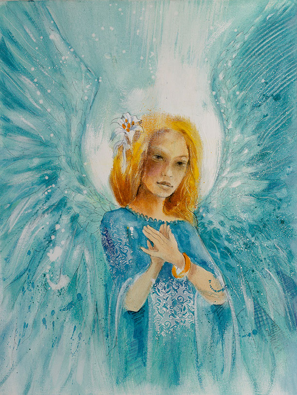 Wandbild Engelbild Engel der Liebe / Berufung, gemalt von Jopie, Hochformat, Farbe Blau, aus dem Kartendeck "Ein Engel für dich" Jana Haas Arkana Verlag