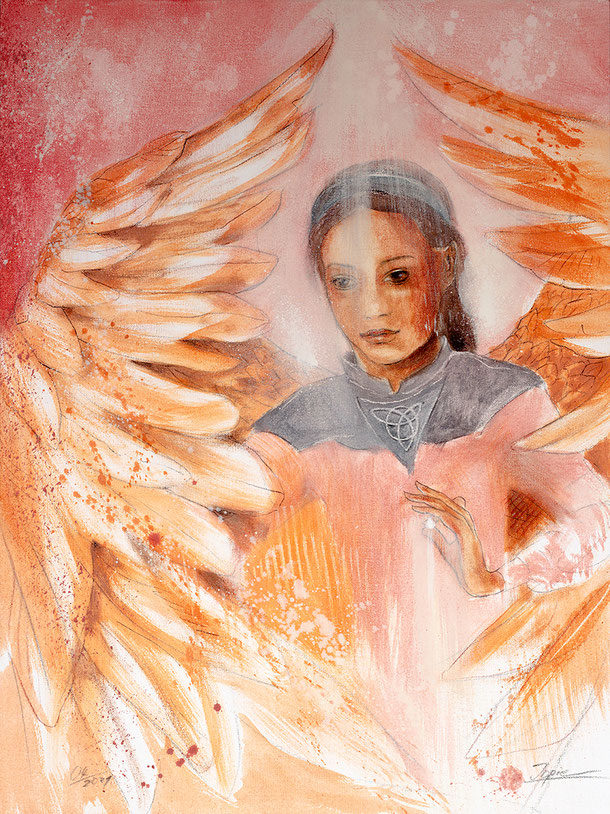 Wandbild Schutzengel Engelbild, Farbe Rot, Hochformat Original Gemälde in Eitempera gemalt von Jopie aus dem neuen Engelkartenset von Jana Haas erschienen im Arkanaverlag