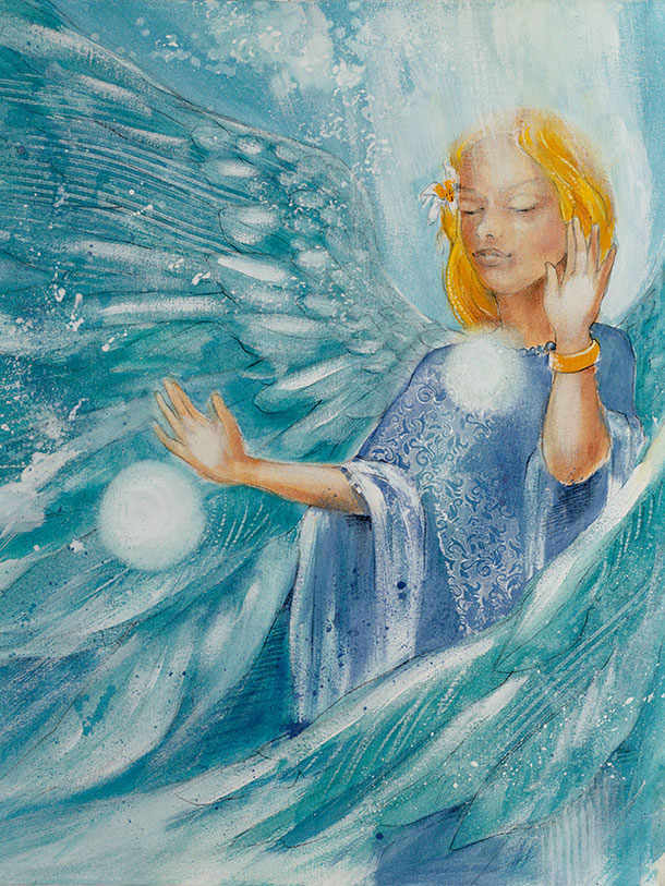 Wandbild Engelbild Engel der Liebe / Partnerschaft, gemalt von Jopie, Hochformat, Farbe Blau, aus dem Kartendeck "Ein Engel für dich" Jana Haas Arkana Verlag