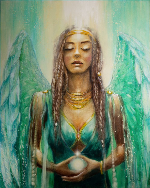 Wanbild Engelbild Leinwandbild Engelgemälde, Engel der Meditation, Grüner Engel, gemalt von Jopie #Jopie #Engelbilder
