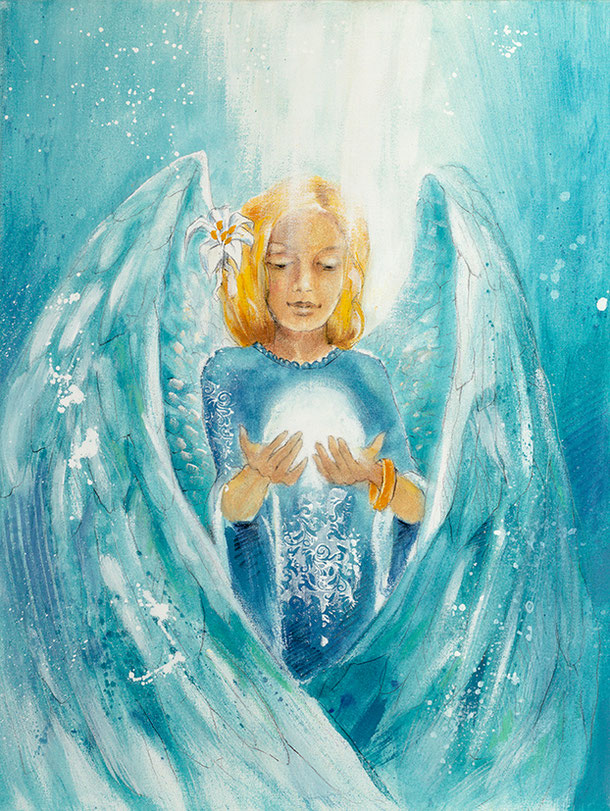 Wandbild Engelbild Engel der Liebe / Selbstwert, gemalt von Jopie, Hochformat , Farbe Blau, aus dem Kartendeck "Ein Engel für dich" Jana Haas Arkana Verlag