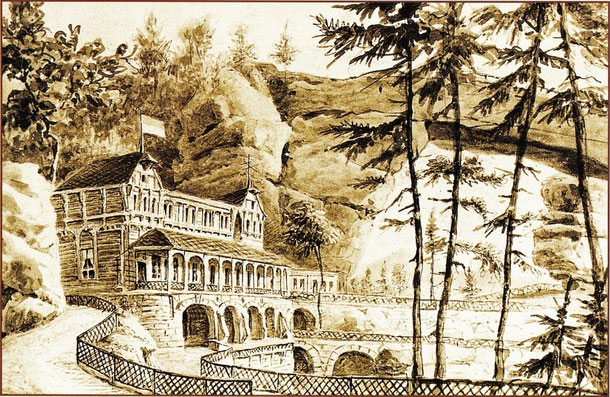 Restaurant "Falkennest" und das Prebischtor, gemalt von G. Täubert (1817-1913) nach 1881