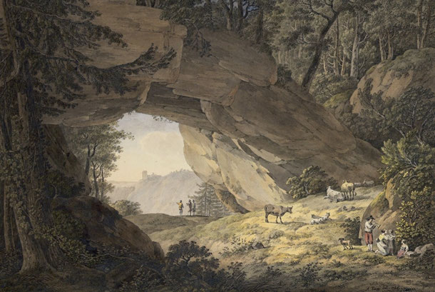 Quelle: wikipedia- Der Kuhstall bei Bad Schandau in der Nähe des Lichtenhainer Wasserfalls von Adrian Zingg 1786