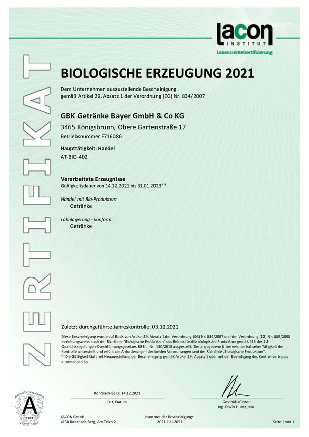 GBK Getränke Bayer GmbH & CoKG Biologische Erzeugung 2020 BIO Zertifikat