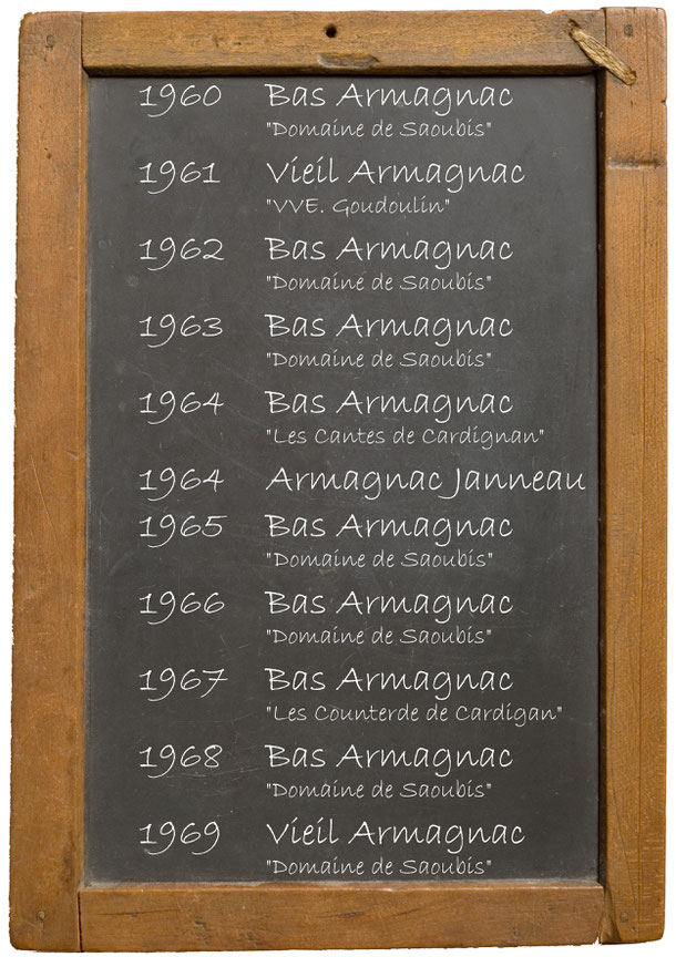 1960  Bas Armagnac "Domaine de Saoubis"1961Vieil Armagnac "VVE. Goudoulin"1962Bas Armagnac "Domaine de Saoubis"1963 Bas Armagnac "Domaine de Saoubis"1964  Bas Armagnac "Les Cantes de Cardignan" 1964 Armagnac Janneau 1965 Bas Armagnac "Domaine de Saoubis"1