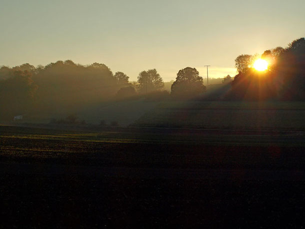 Sonnenaufgang im Morgendunst über Bäumen und Feldern von St.Johann Schwäbische Alb