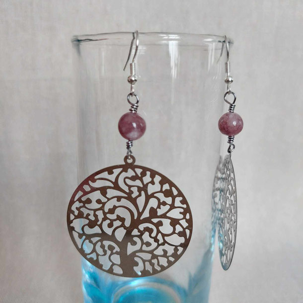 Boucles d'oreilles arbre de vie lépidolite rose fait main l'Arche de Jessica