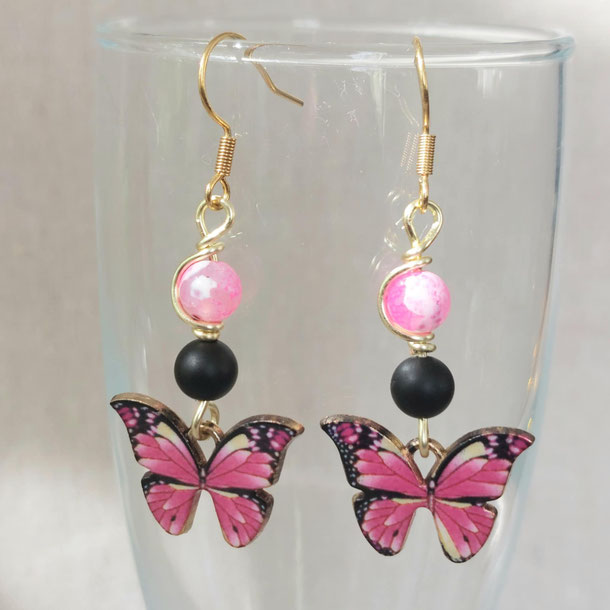 Boucles d'oreilles papillon rose onyx et agates faites main l' Arche de Jessica