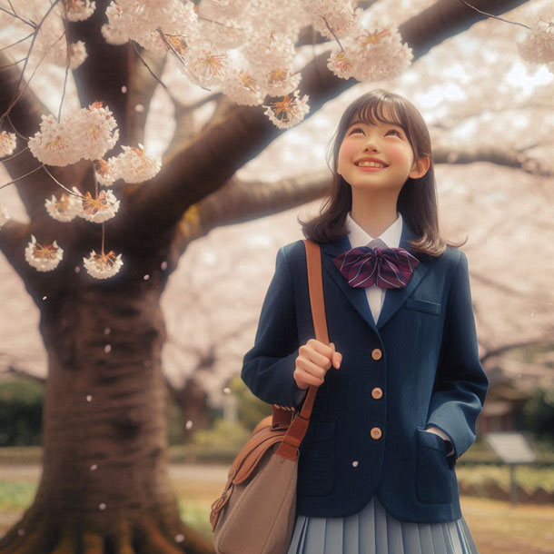合格して桜を見上げる女の子