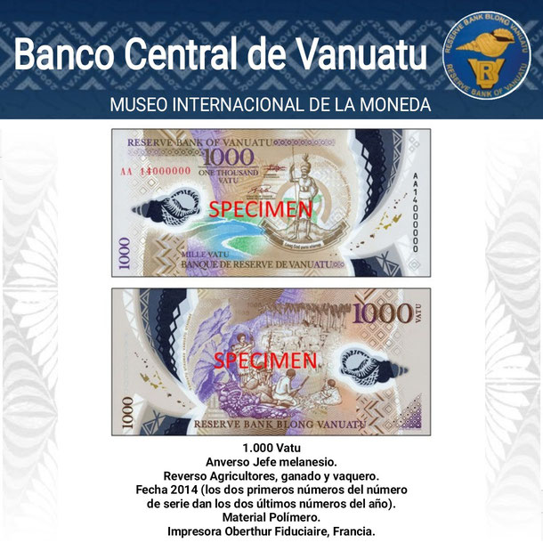 moneda de vanuatu, vatu, dinero de vanuatu, billete de vanuatu, colección de oceanía, museo internacional de la moneda, 1000 vatu