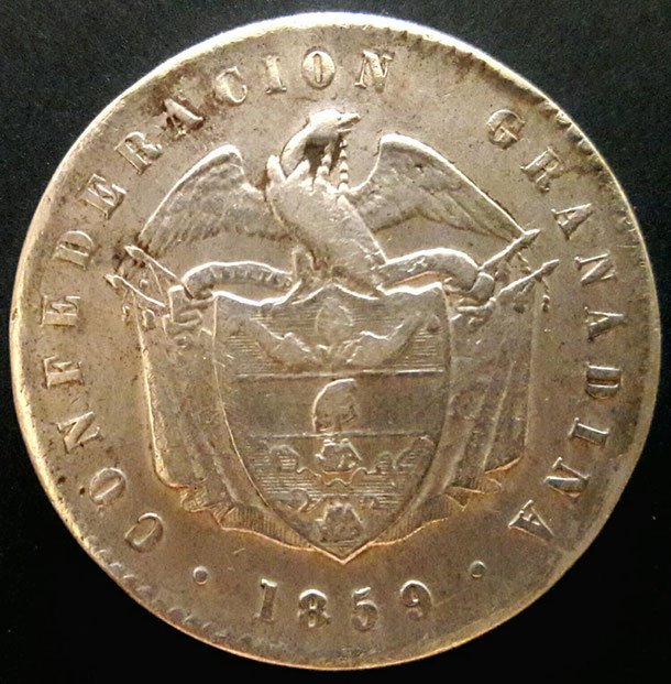 confederación granadina, 1859, moneda antigua, colombia, historia, museo internacional de la moneda, numismática, moneda de plata, siglo XIX 