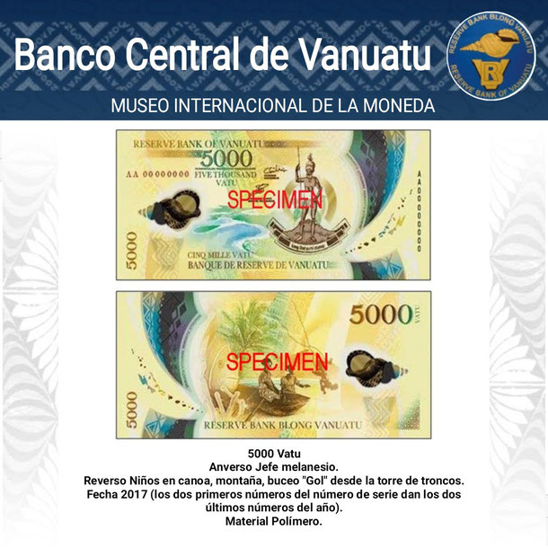 moneda de vanuatu, vatu, dinero de vanuatu, billete de vanuatu, colección de oceanía, museo internacional de la moneda, 5000 vatu