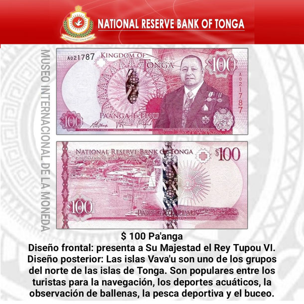 tonga, moneda de tonga, billete de tonga, dinero pa'anga, moneda billete, museo internacional de la moneda 100 pa'anga
