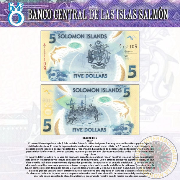 billete de lsalomon islas, moneda de salomon islas, polinesia, salomon, billete de 5 dolares de las islas salomón