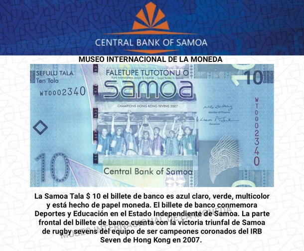 billete de 10 tala de samoa conmemorativo, samoa, papel moneda de samoa, moneda tala, museo internacional de la moneda, moneda 