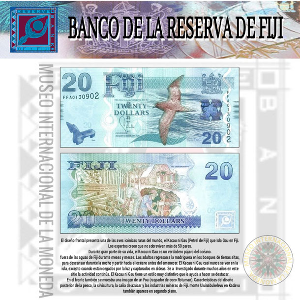 dolar de las fiji,moneda de fiji, fiyi dolar, fiyi, papel moneda, museo internacional de la moneda, 20 dolares de las islas fiyi