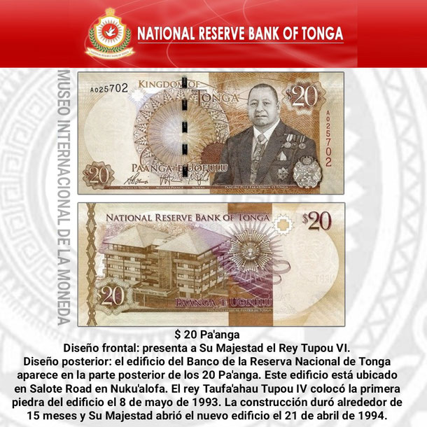 tonga, moneda de tonga, billete de tonga, dinero pa'anga, moneda billete, museo internacional de la moneda 20 pa'anga