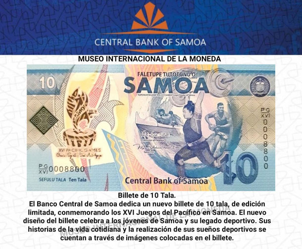 billete de 10 tala conmemorativo de samoa, samoa, papel moneda de samoa, tala, museo internacional de la moneda 