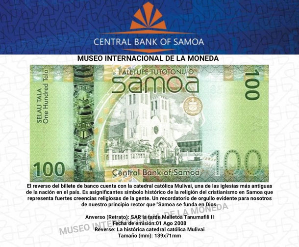 100 tala de samoa, papel moneda de samoa, moneda de samoa, notafilia de samoa, coleccion de samoa, moneda, billete, museo internacional de la moneda