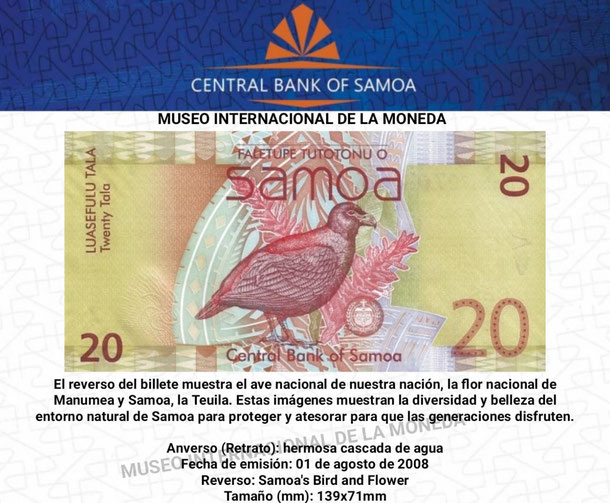 billete de 20 tala de samoa, moneda de samoa, papel moneda de samoa, samoa, museo internacional de la moneda, notafilia,