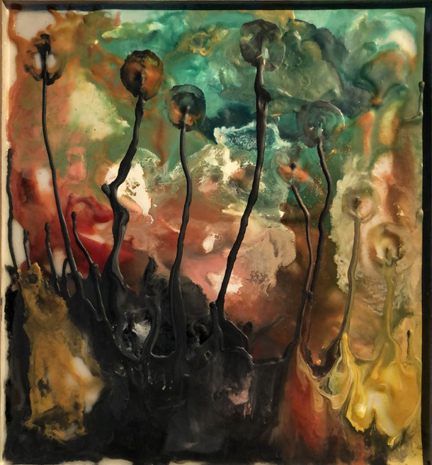 Primeval times, encaustic on wood plate, 42 x 39 cm, 2022/13