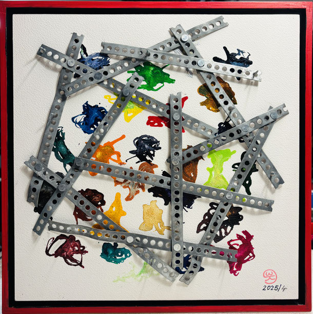 What keeps us together against w. p. ?, aero color on wood panel and steel stripes, 30 x 30 cm, 2025/4