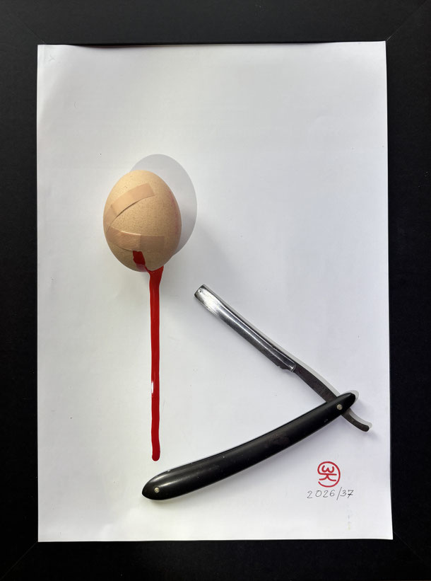 Clean shaven, egg & razor on paper, 27,9 x 21 cm, 2026/37