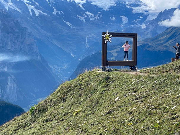 Spaß beim Posen im Bilderrahmen - Foto mit Edelweiß und Bergpanorama 