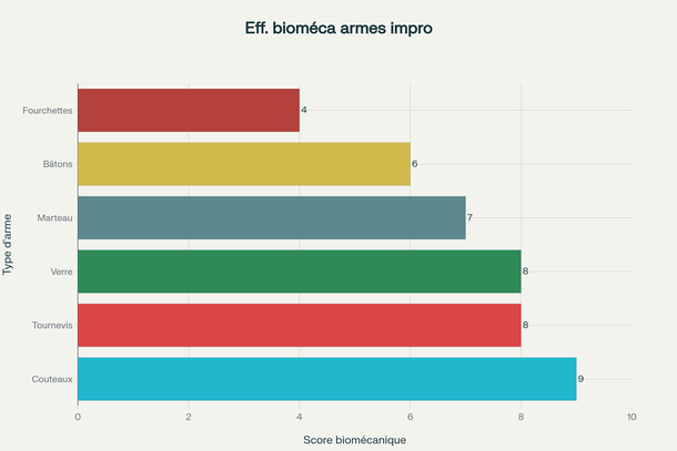Comparaison de l'efficacité biomécanique des armes improvisées selon leur score d'efficacité