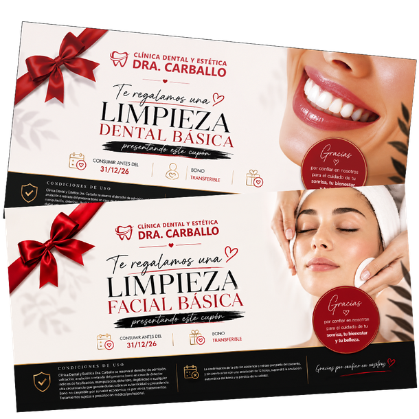 Bonos regalos para limpieza dental y limpieza facial en Clínica Dental y Estética Dra. Carballo en Gran Canaria